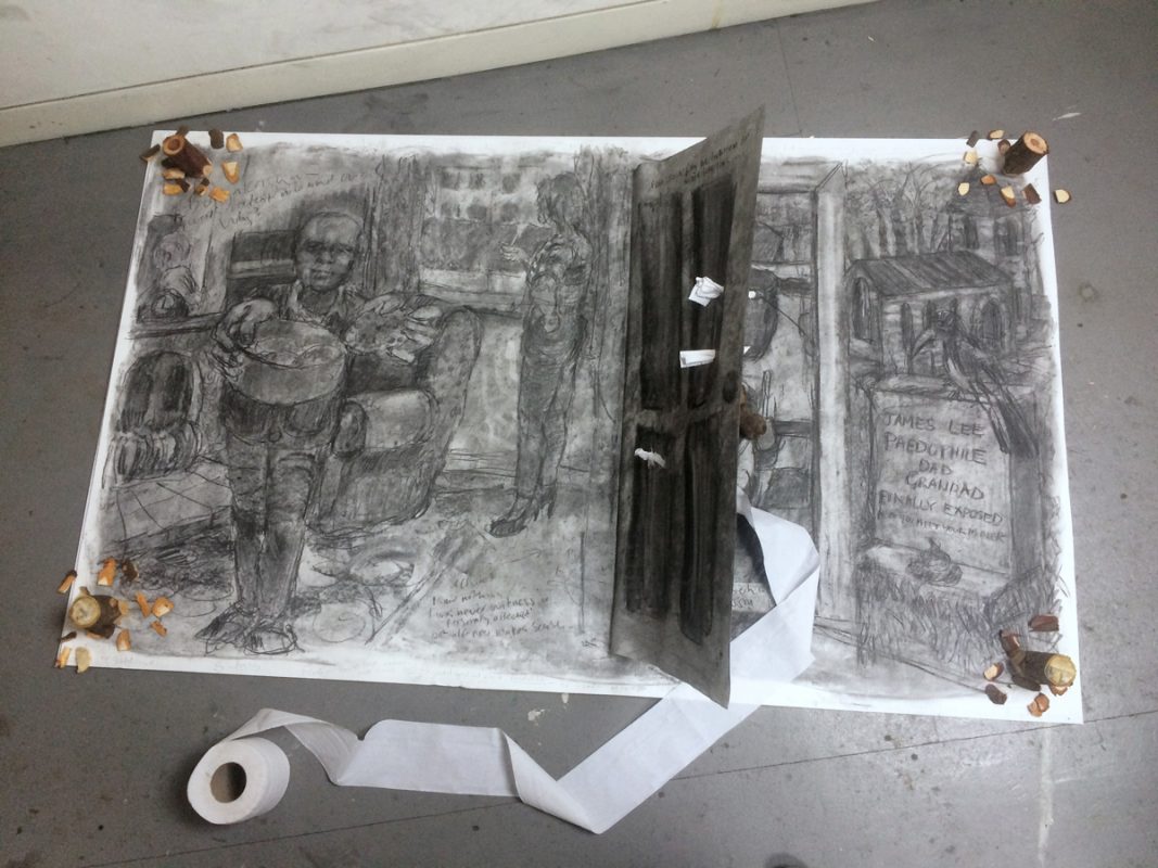 Exposed, 2019, Charcoal on paper with mixed media, 100 x 210 cm