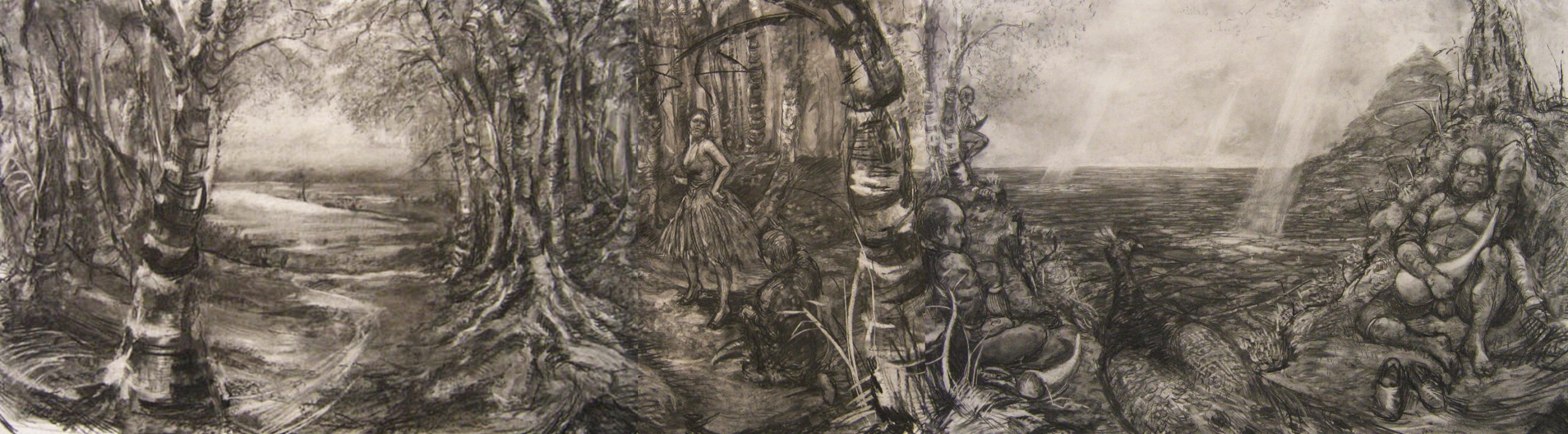 Apotropaic (Don't Fucking Mess With Me Said Little Red Riding Hood), 2005, charcoal on paper, leaves, audio tape, 100 x 340 cm