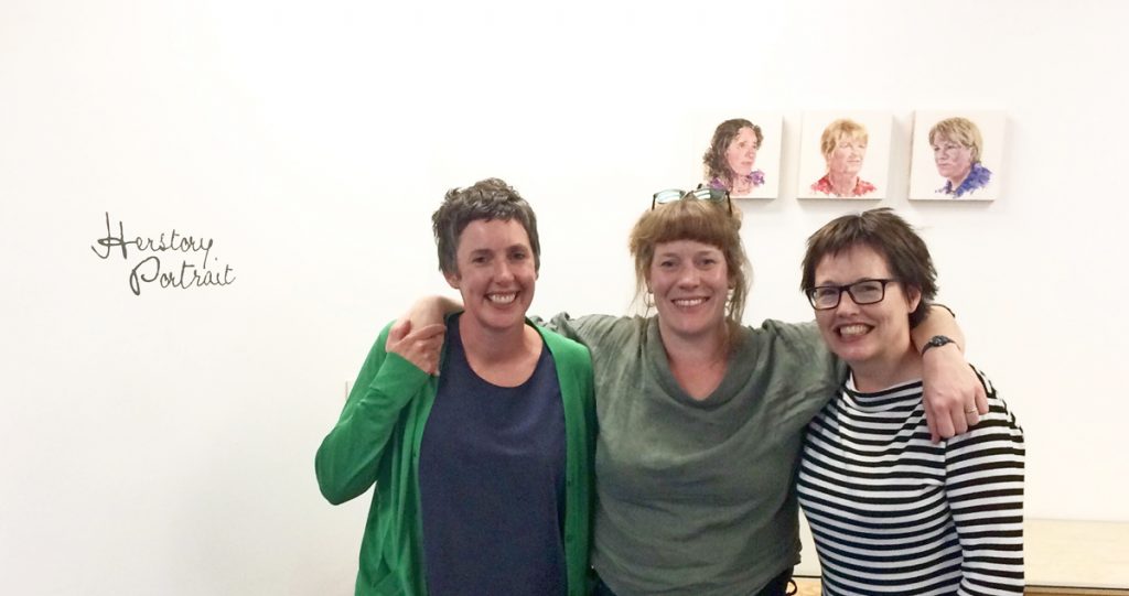 Sharon with artists Pippa Hale and Hazel Reeves, Herstory Portrait launch, LAU, 2019