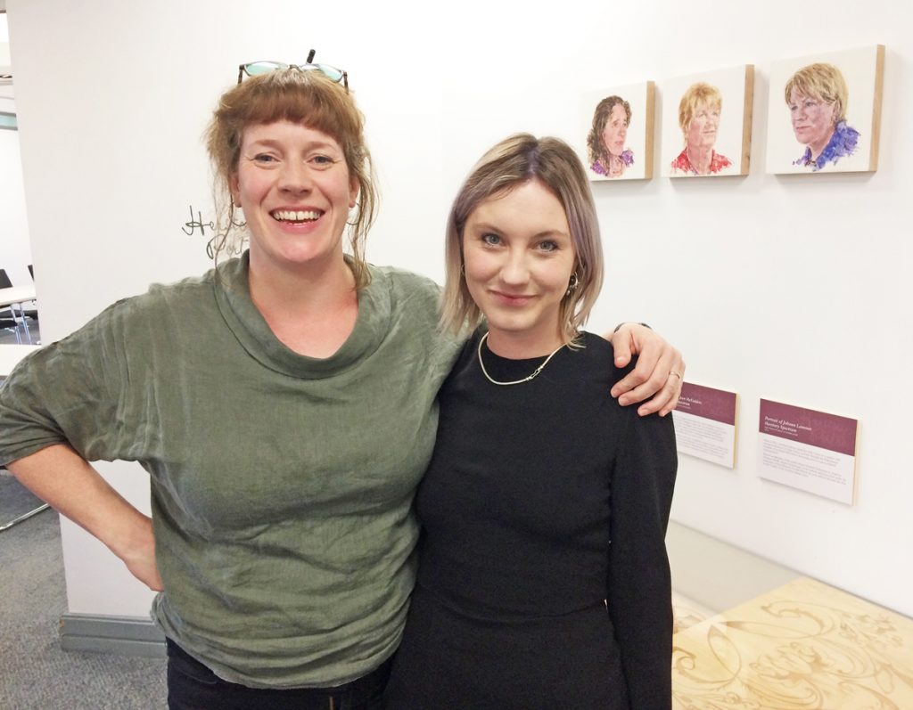 Sharon with Curator Catriona Mcara, Herstory Portrait launch, LAU, 2019